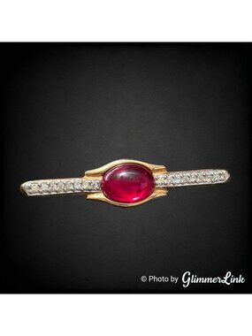 Vintage Dotty Smith Red Cabochon Rhinestones Gold Tone Bar Brooch
